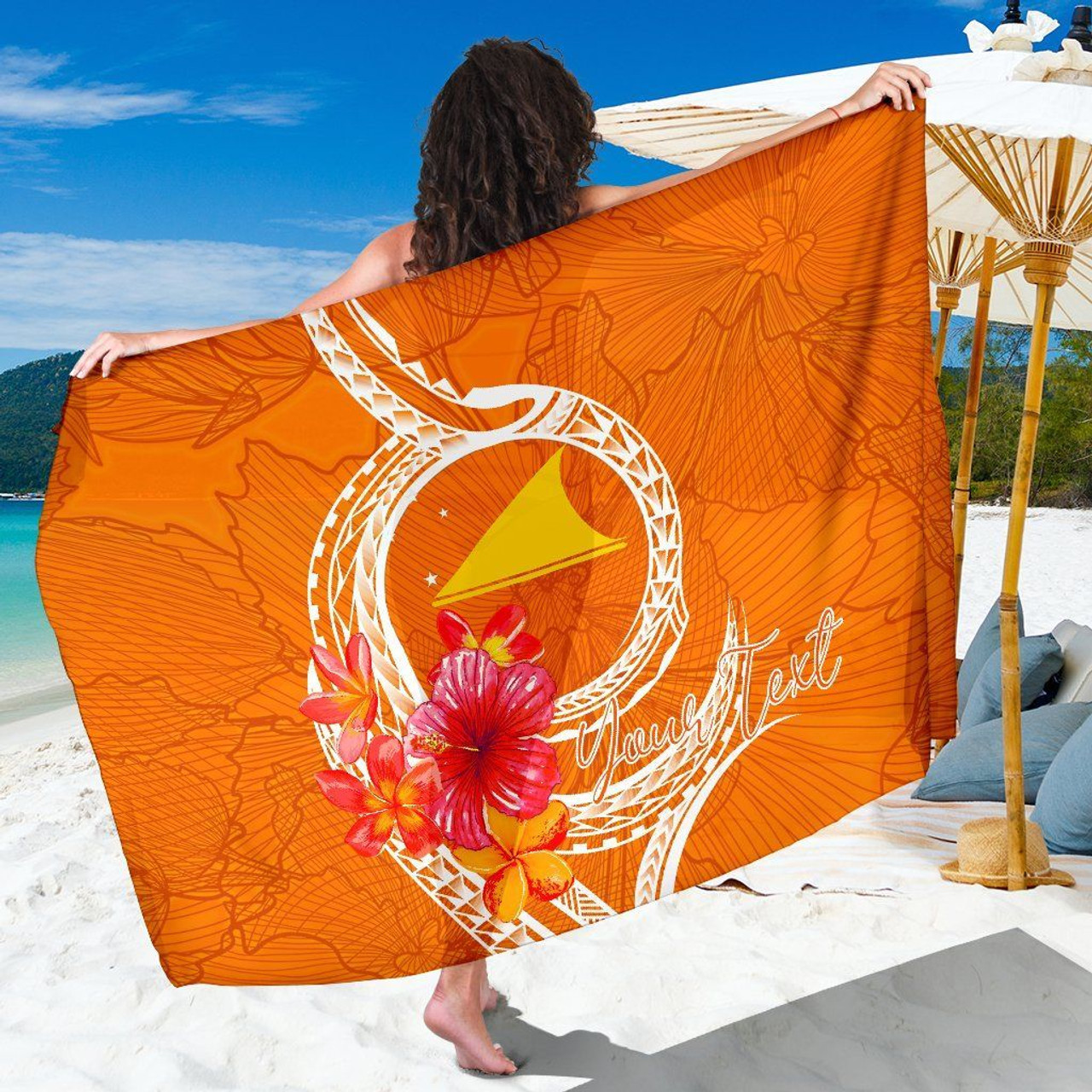 Tokelau Polynesian Custom Personalised Sarong - Orange Floral With Seal 1