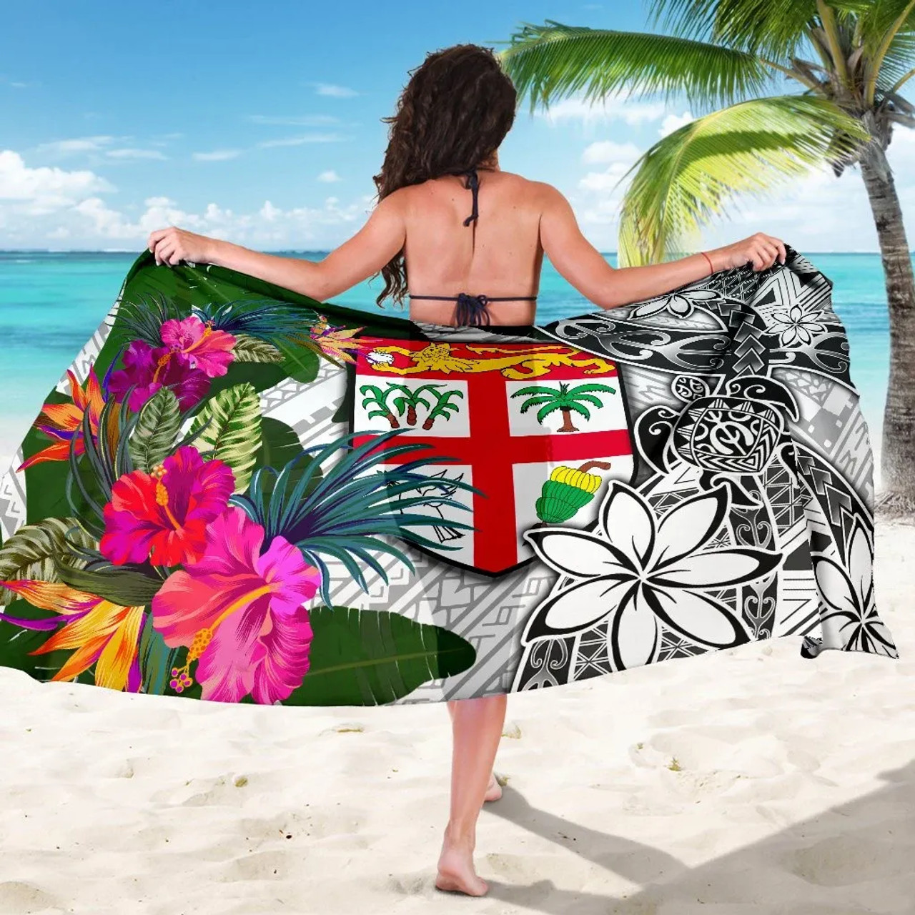 Fiji Sarong White - Turtle Plumeria Banana Leaf 5