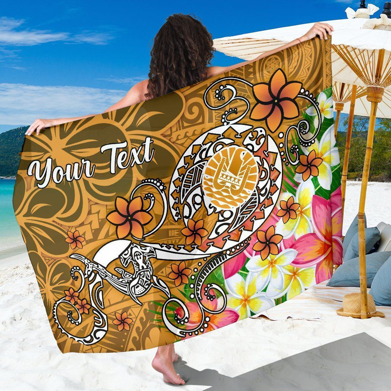 Tahiti Custom Personalised Sarong - Turtle Plumeria (Gold) 1