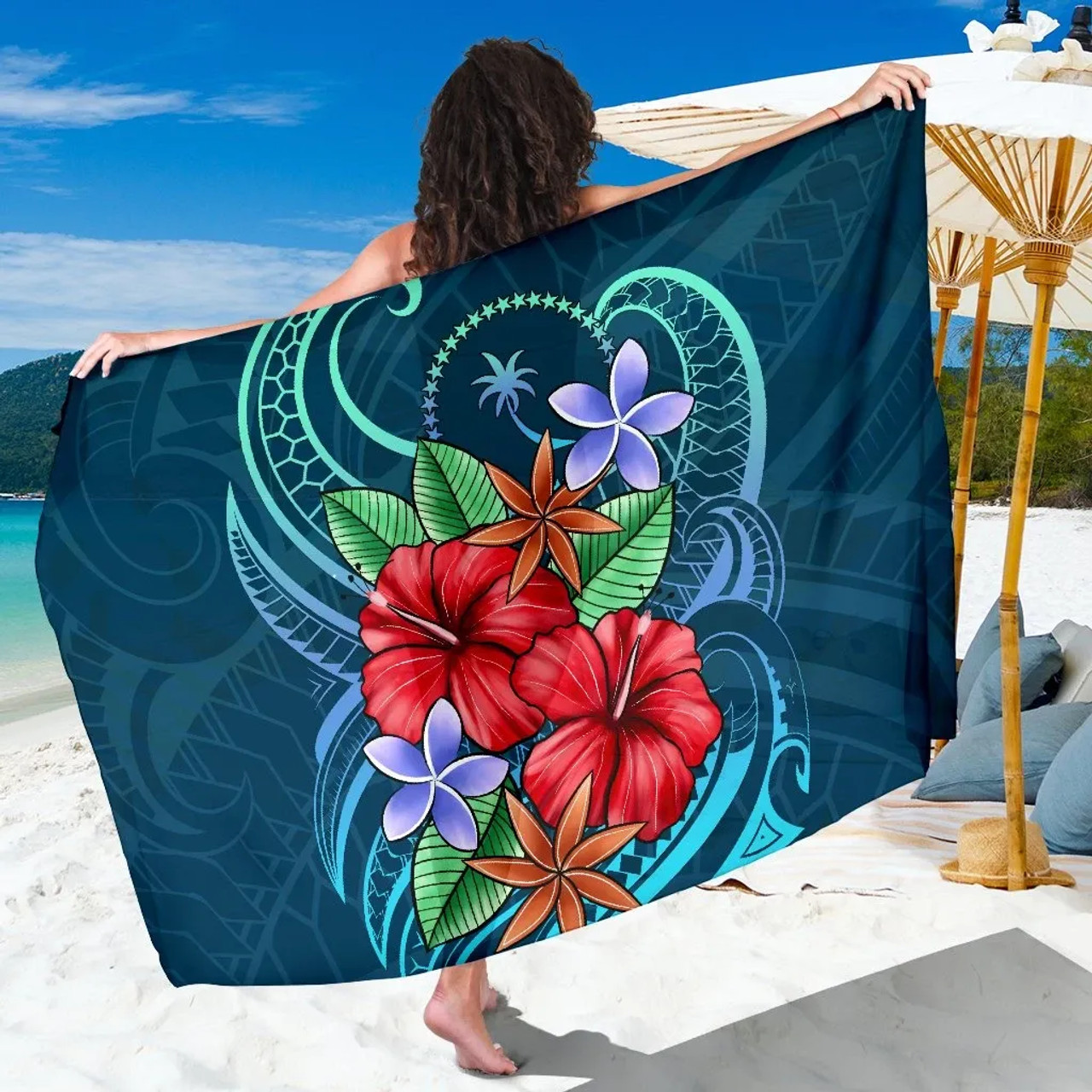 Chuuk Sarong - Blue Pattern With Tropical Flowers 1