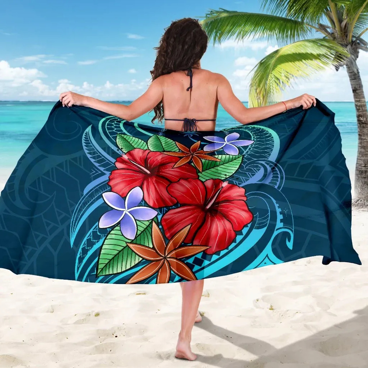 Chuuk Sarong - Blue Pattern With Tropical Flowers 5