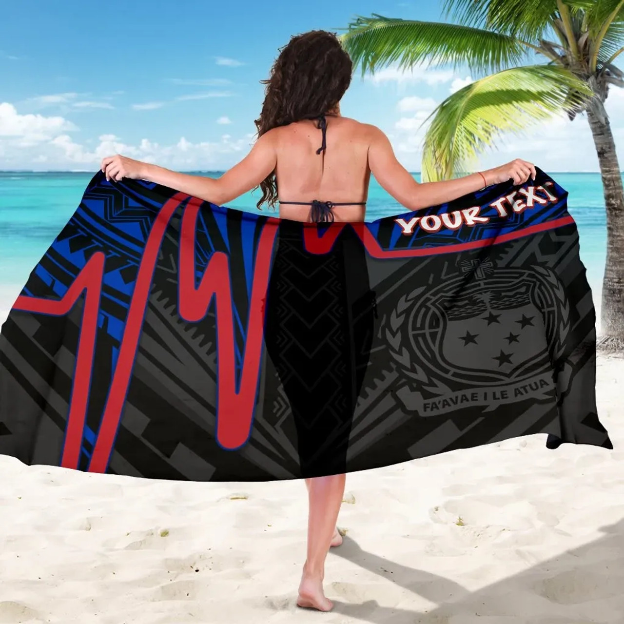 Samoa Personalised Sarong - Samoa Coat Of Arms With Polynesian Patterns In Heartbeat Style (Blue) 5
