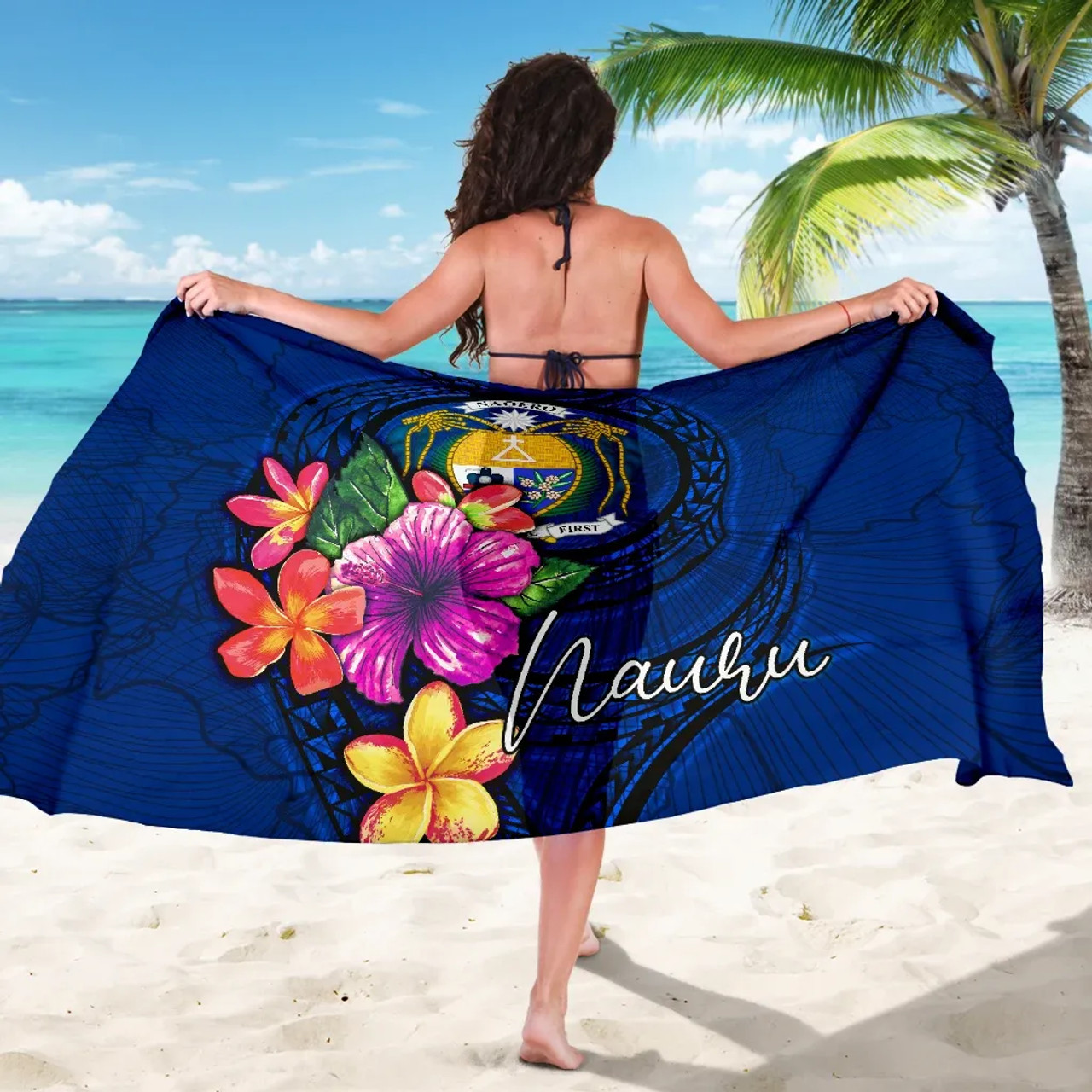 Nauru Polynesian Sarong - Floral With Seal Blue 5