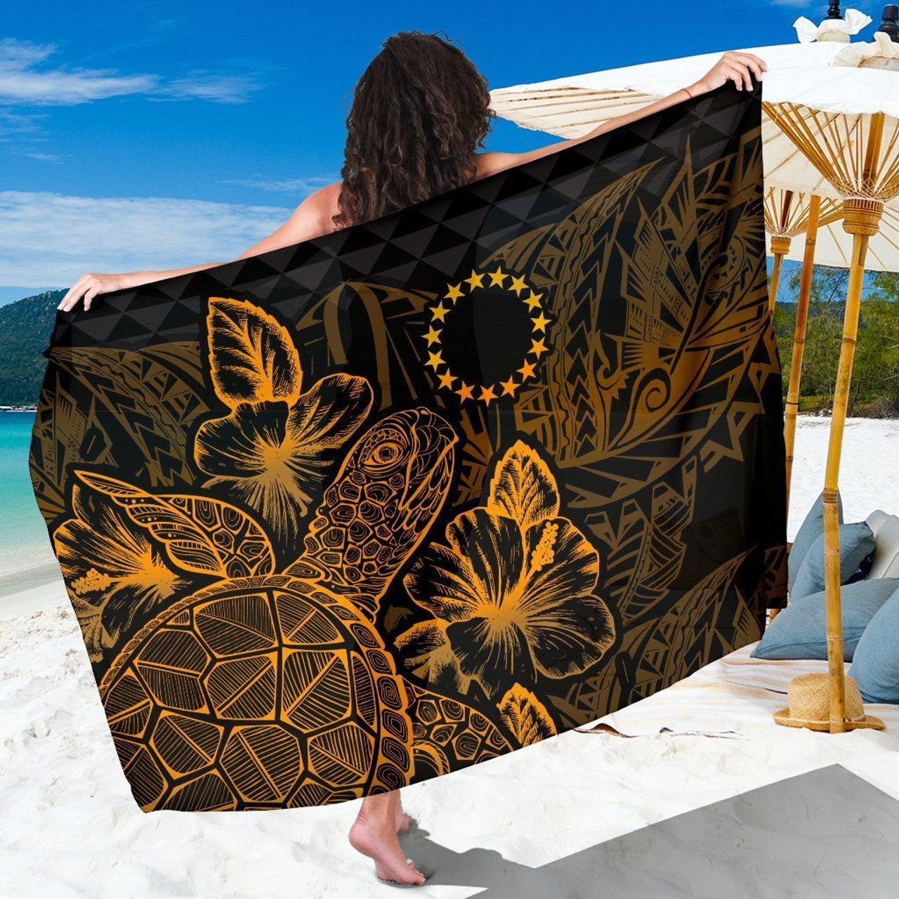 Cook Islands Sarong - Turtle Hibiscus Pattern Gold 1