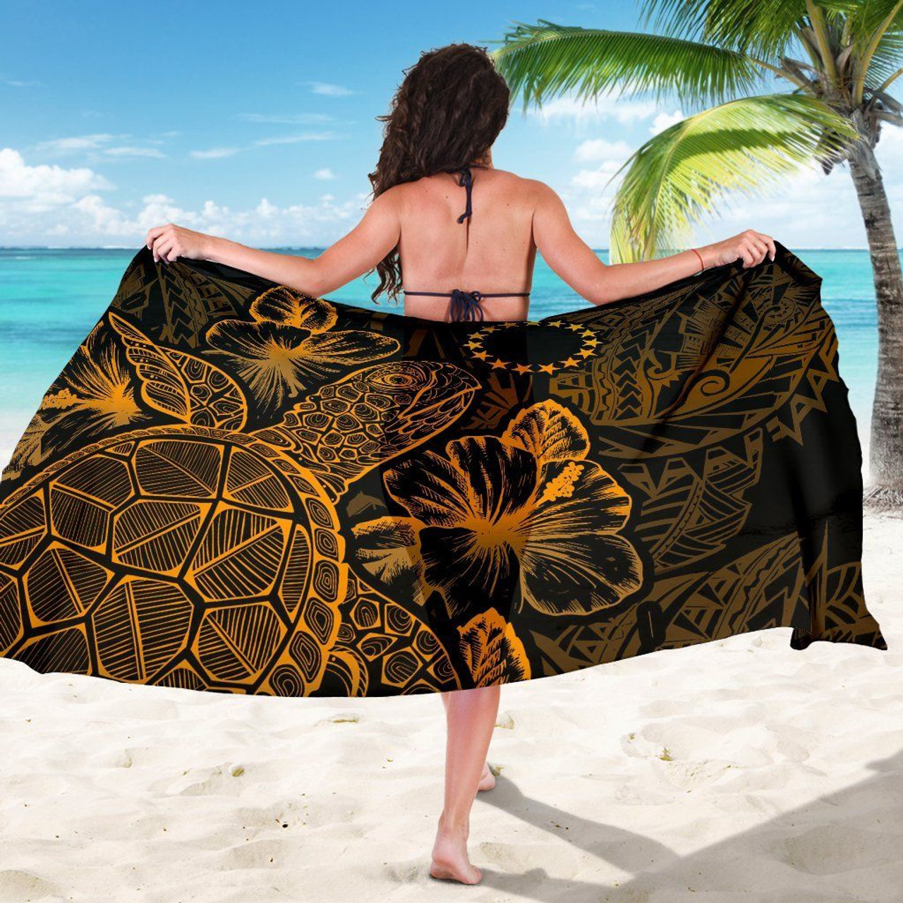 Cook Islands Sarong - Turtle Hibiscus Pattern Gold