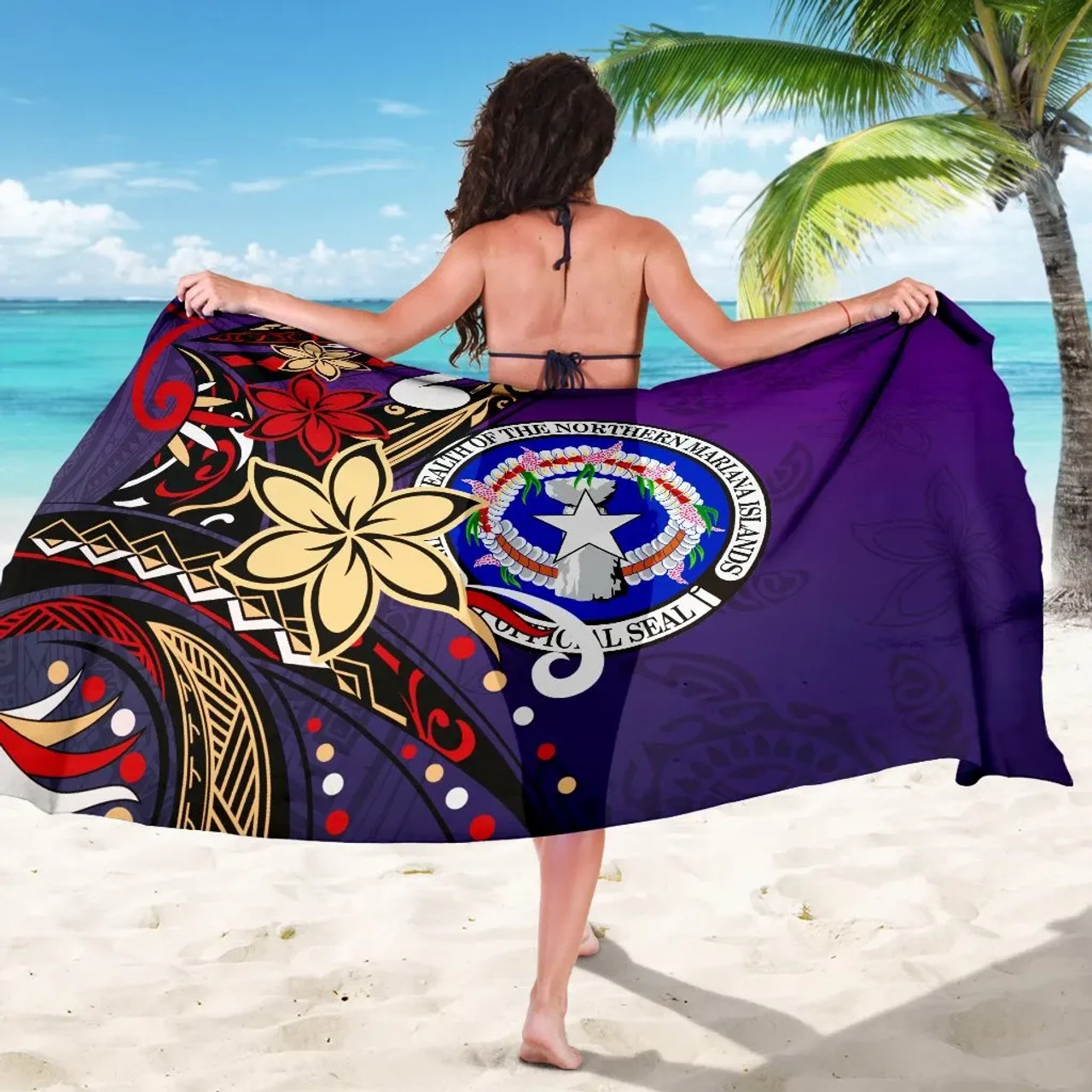 Northern Mariana Islands Sarong - Tribal Flower With Special Turtles Purple Color 5