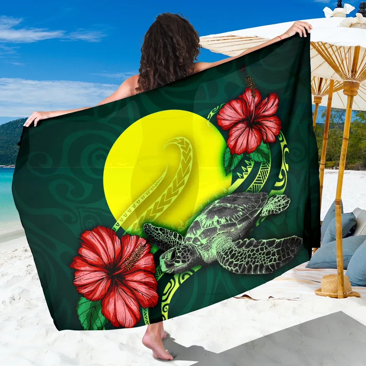 Palau Polynesian Sarong - Green Turtle Hibiscus 1