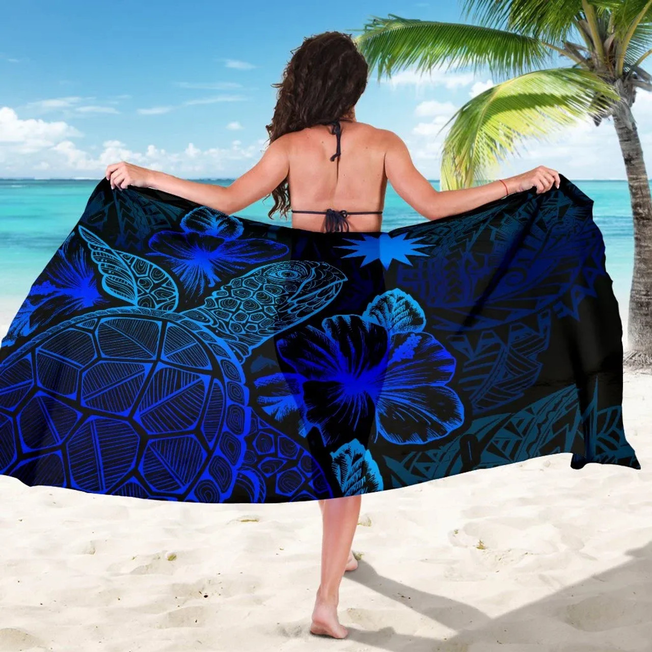 Nauru Sarong - Turtle Hibiscus Pattern Blue 5