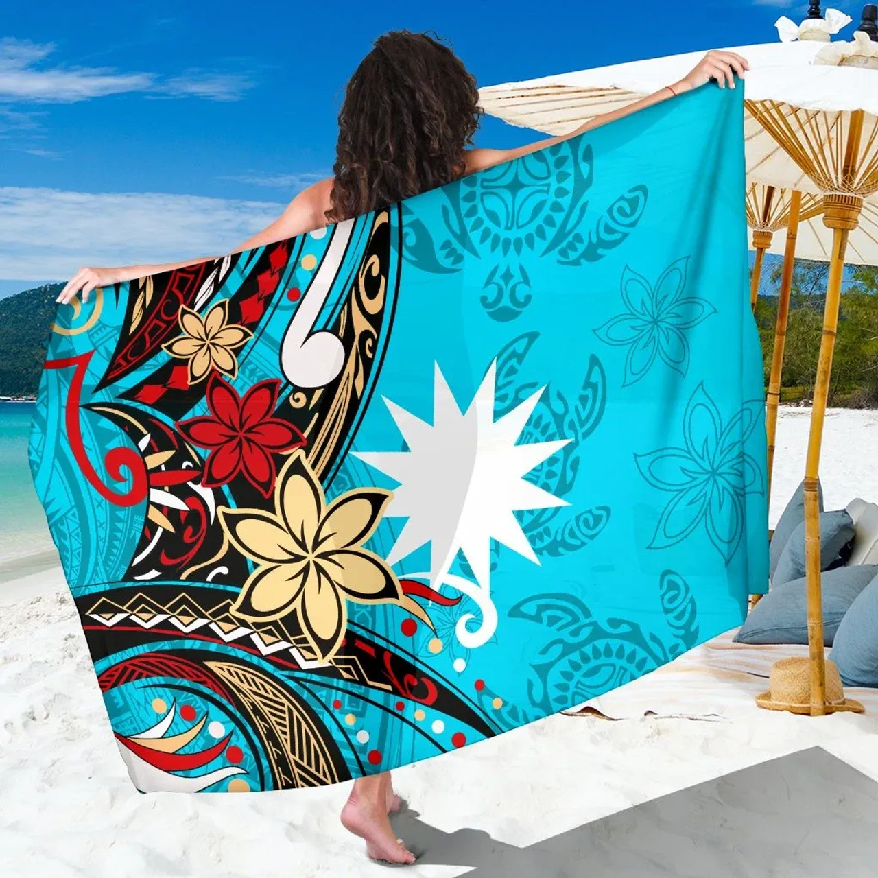 Nauru Sarong - Tribal Flower With Special Turtles Blue Color 1