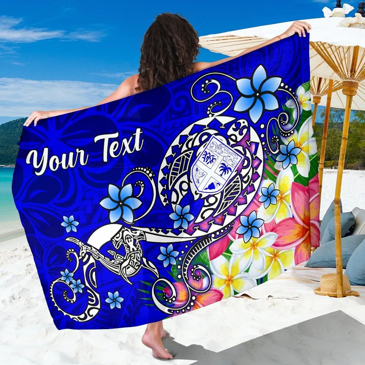 Fiji Custom Personalised Sarong - Turtle Plumeria (Blue) 1