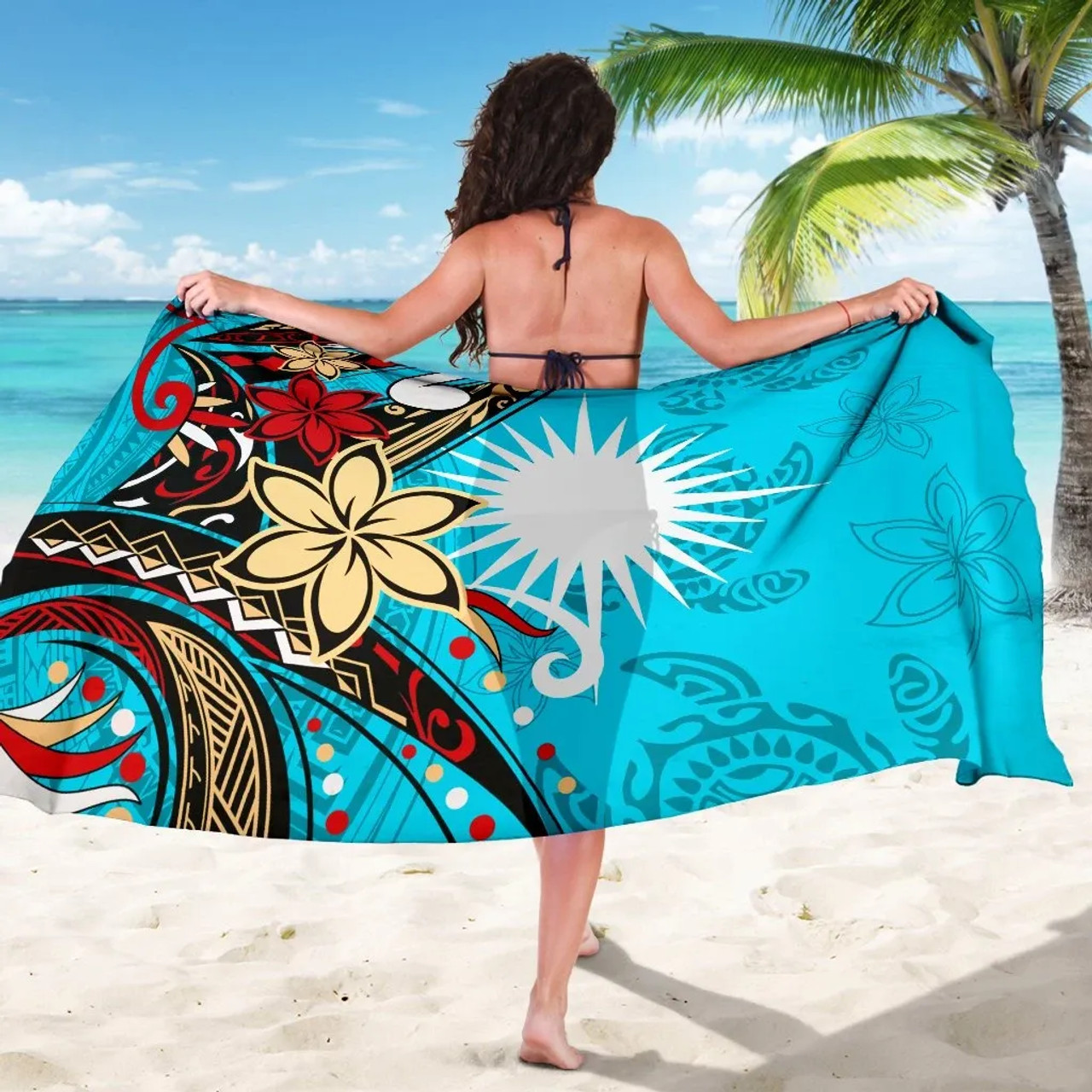 Marshall Islands Sarong - Tribal Flower With Special Turtles Blue Color 5