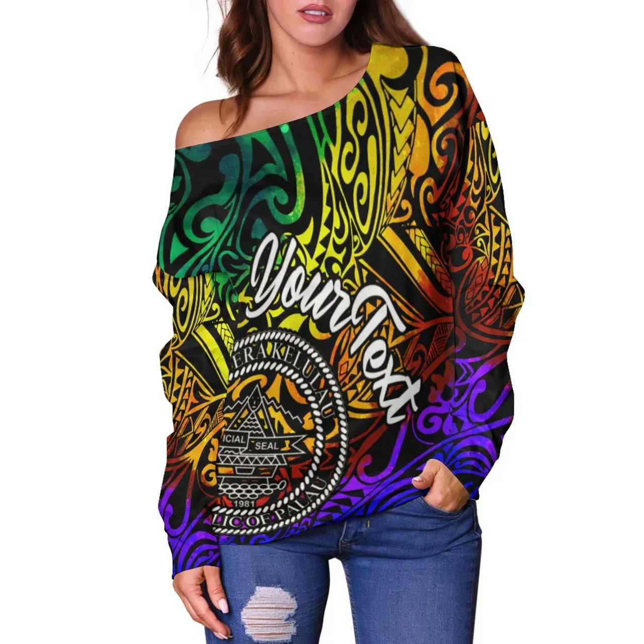 Palau Custom Personalised Women Off Shoulder Sweater - Rainbow Polynesian Pattern 3
