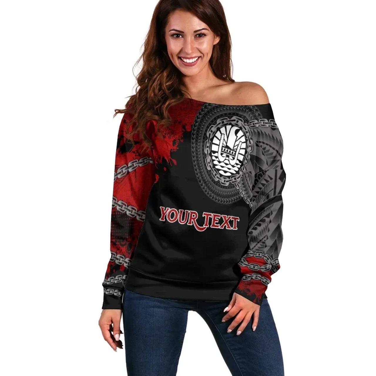 Tahiti Polynesian Personalised Women Off Shoulder Sweater - Polynesian Chain Style 1