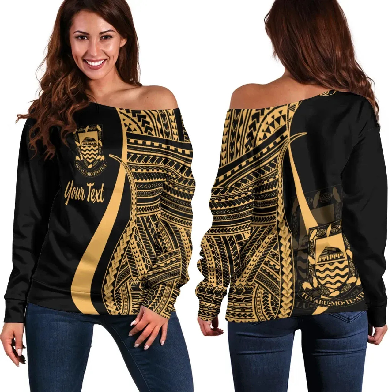 Tuvalu Custom Personalised Women Off Shoulder Sweater - Gold Polynesian Tentacle Tribal Pattern 1