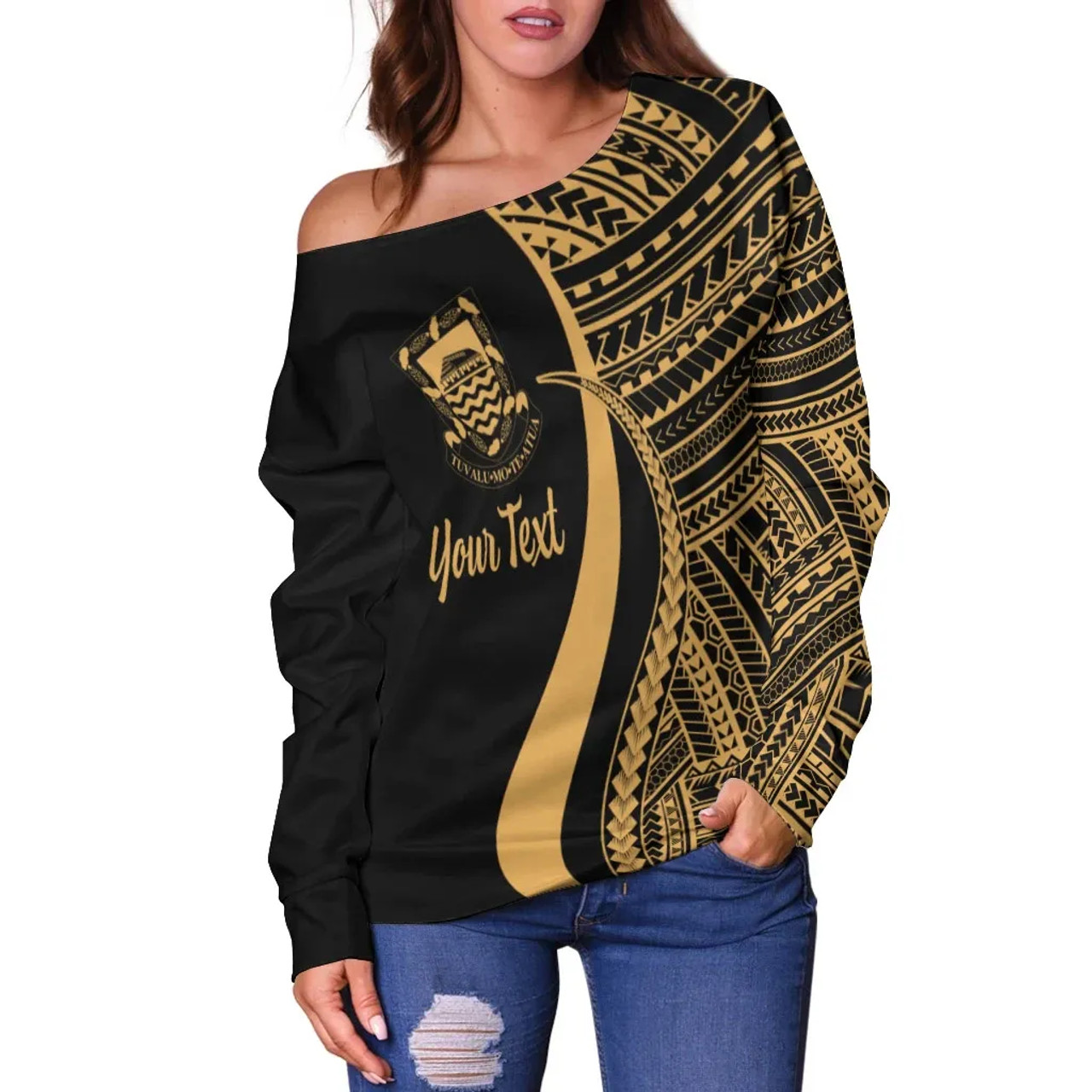 Tuvalu Custom Personalised Women Off Shoulder Sweater - Gold Polynesian Tentacle Tribal Pattern 2