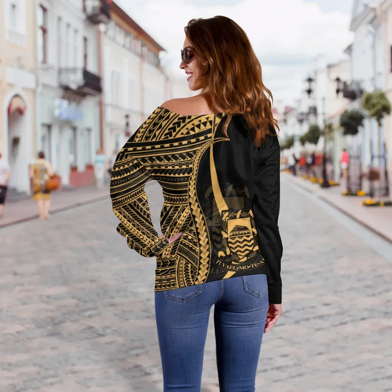 Tuvalu Custom Personalised Women Off Shoulder Sweater - Gold Polynesian Tentacle Tribal Pattern 3