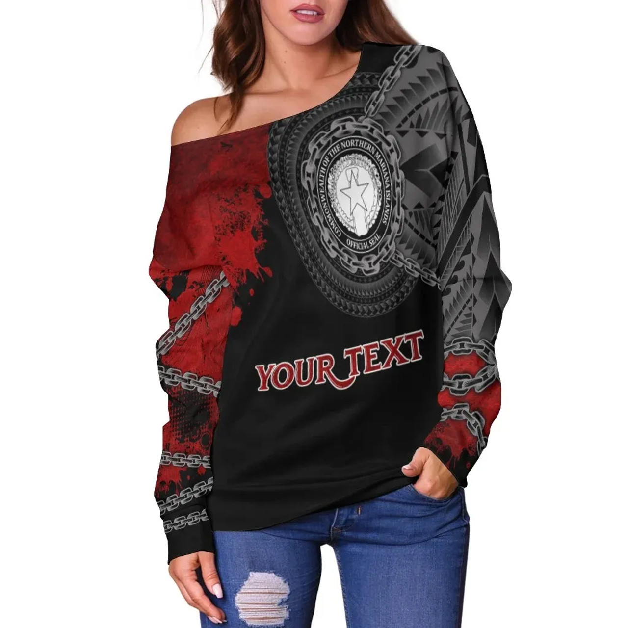 Northern Mariana Islands Polynesian Personalised Women Off Shoulder Sweater - Polynesian Chain Style 3