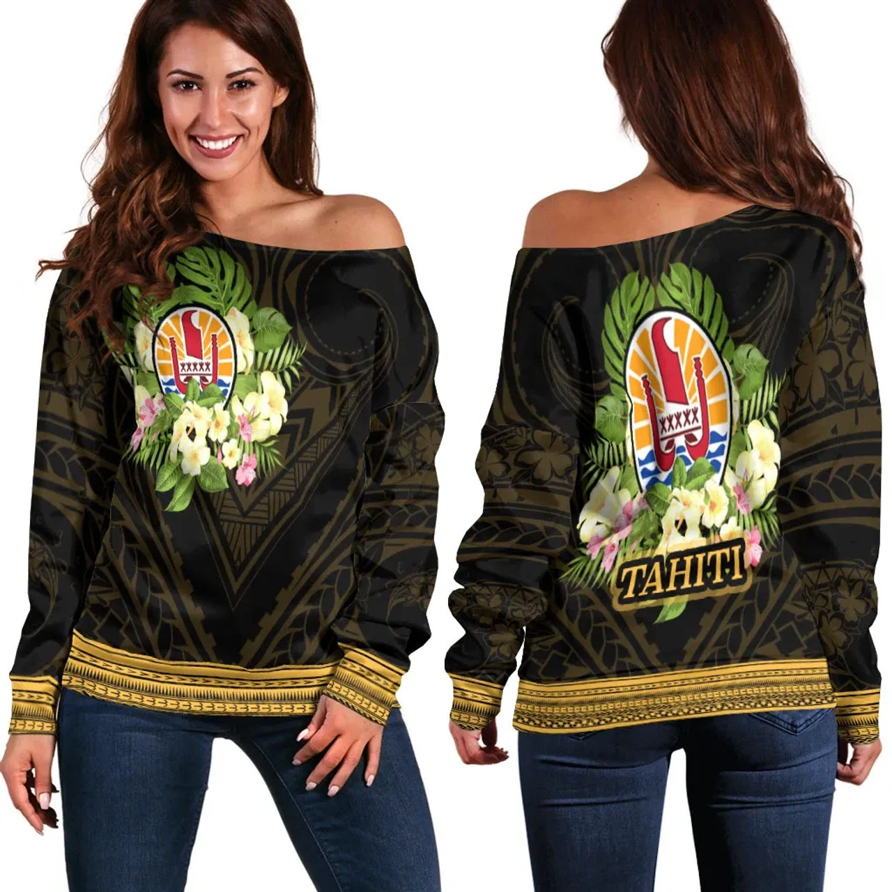 Tahiti Women Off Shoulder Sweater - Polynesian Gold Patterns Collection