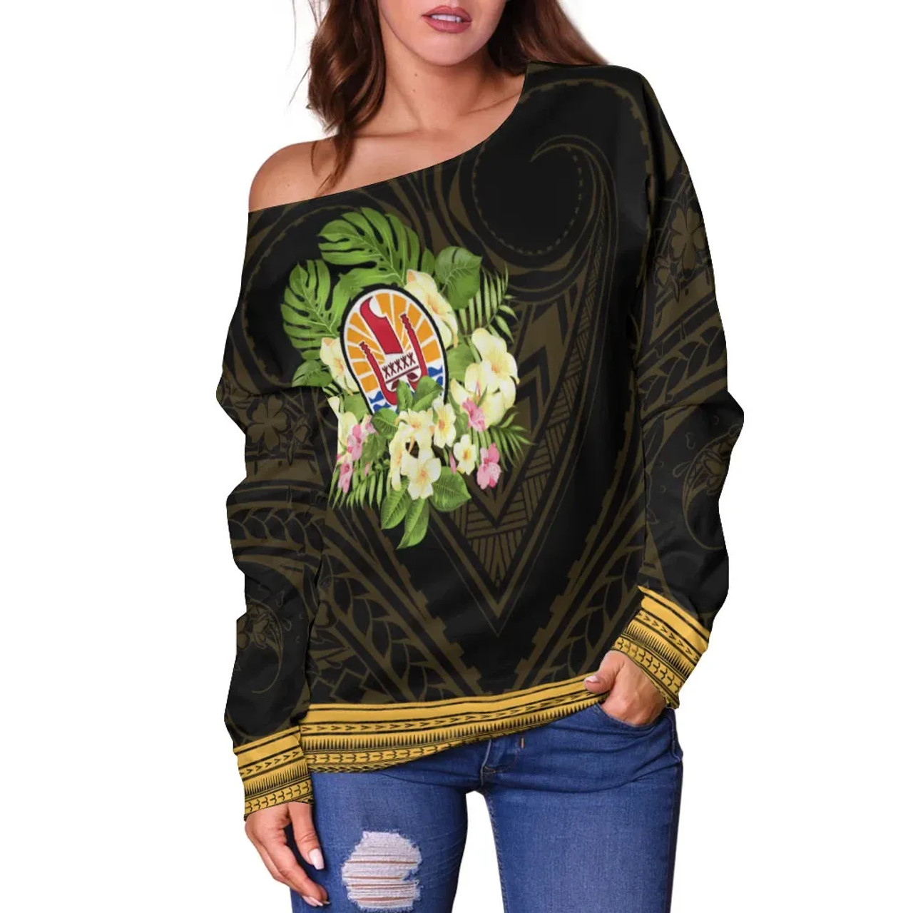 Tahiti Women Off Shoulder Sweater - Polynesian Gold Patterns Collection 2