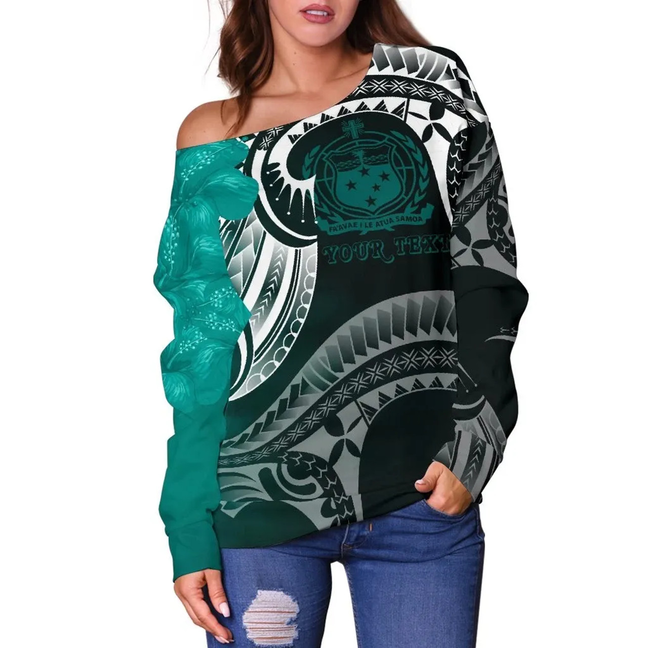 Samoa Custom Personalised Women Off Shoulder Sweater - Samoa Seal Wave Style (Green) 2