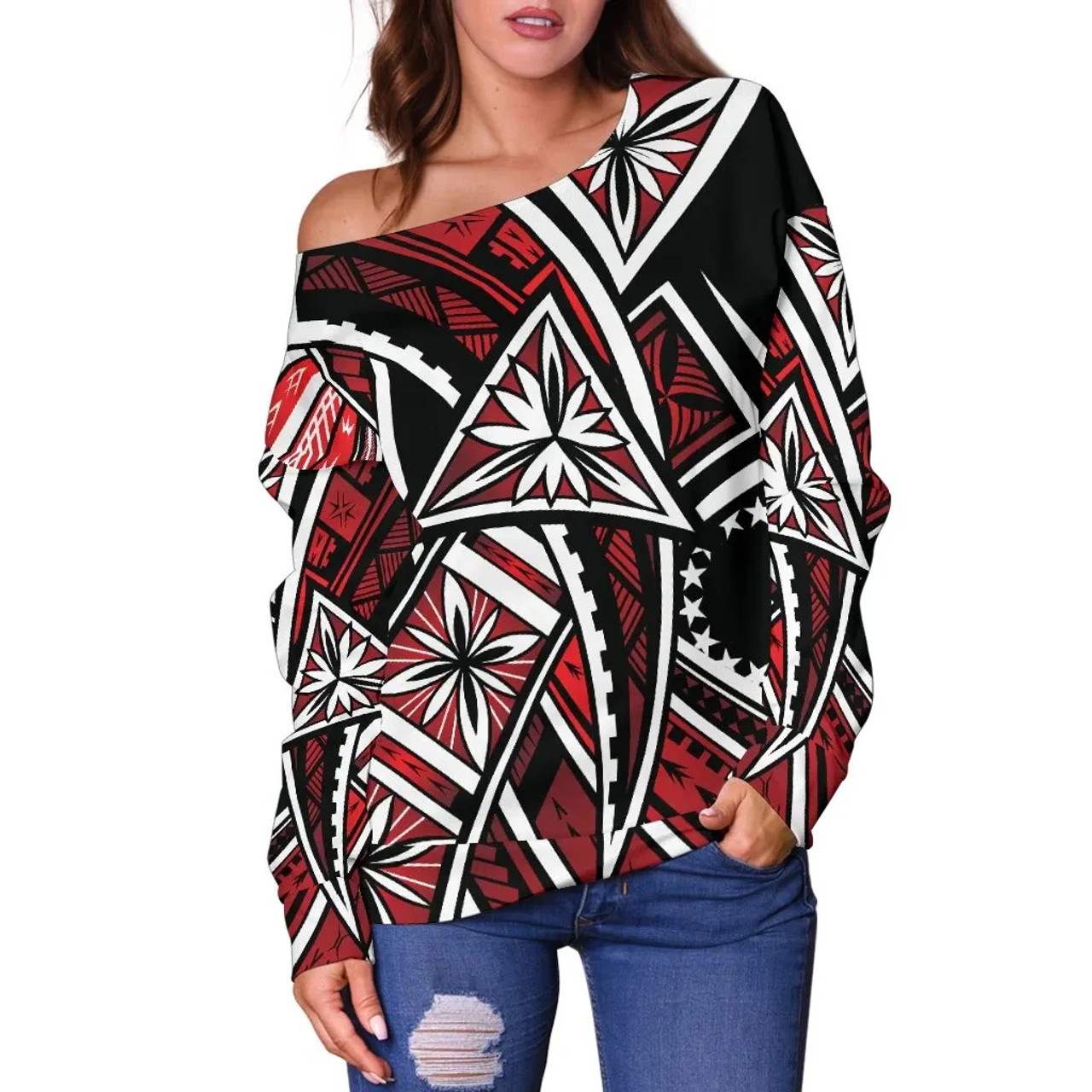 Cook Islands Women Off Shoulder Sweaters - Tribal Flower Special Pattern Red Color 4