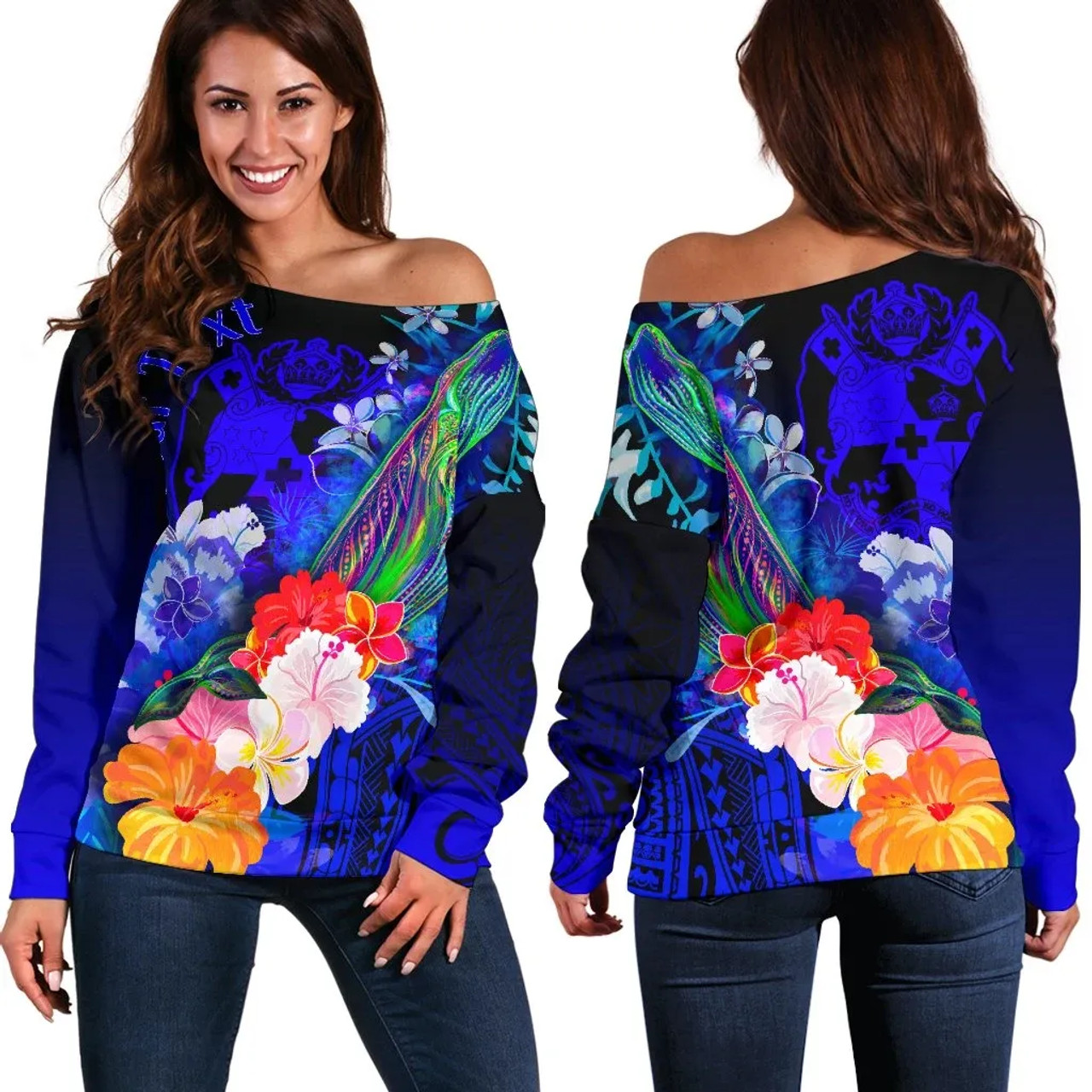 Tonga Custom Personalised Women Off Shoulder Sweater - Humpback Whale with Tropical Flowers (Blue) 1
