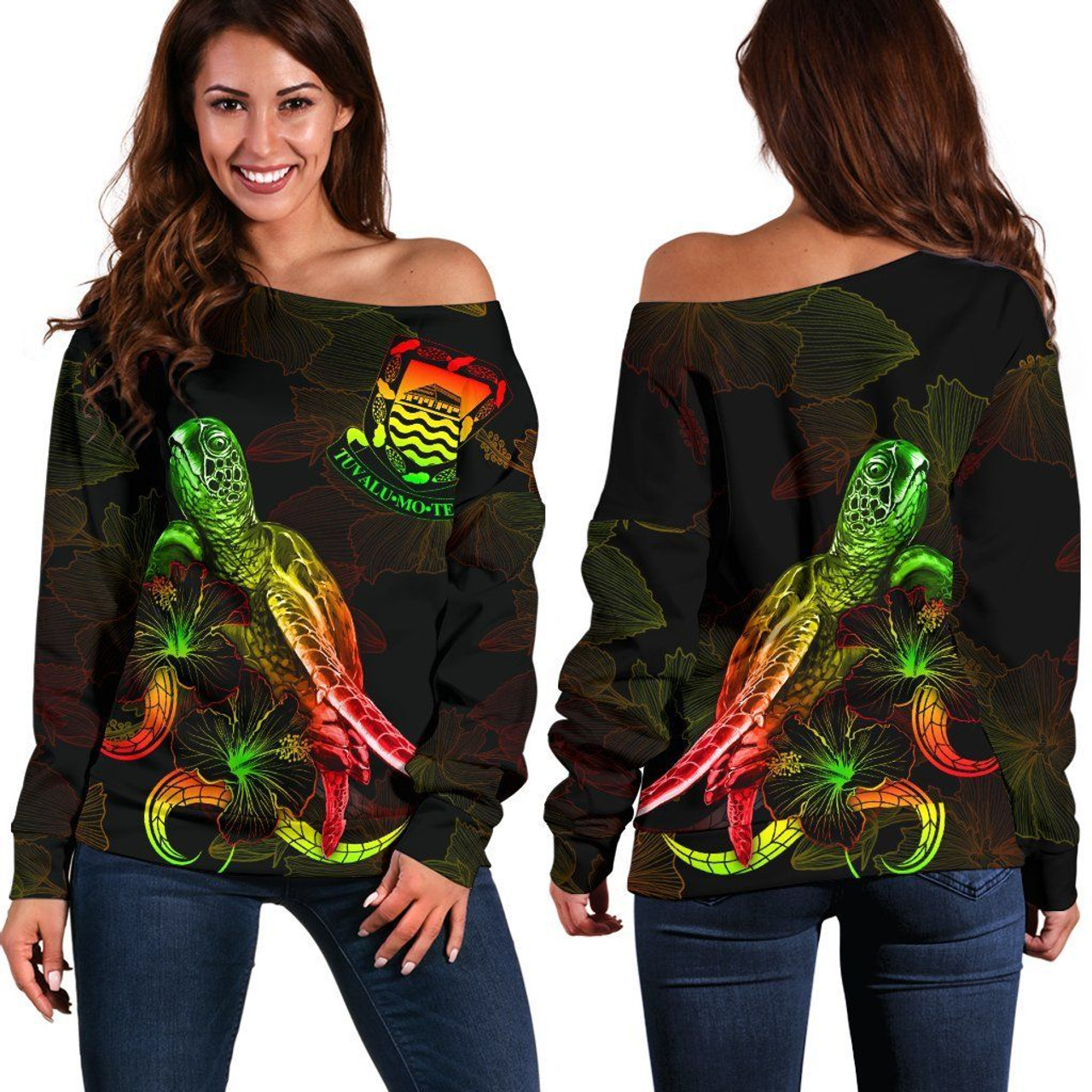 Tuvalu Polynesian Women Off Shoulder Sweater - Turtle With Blooming Hibiscus Reggae 1