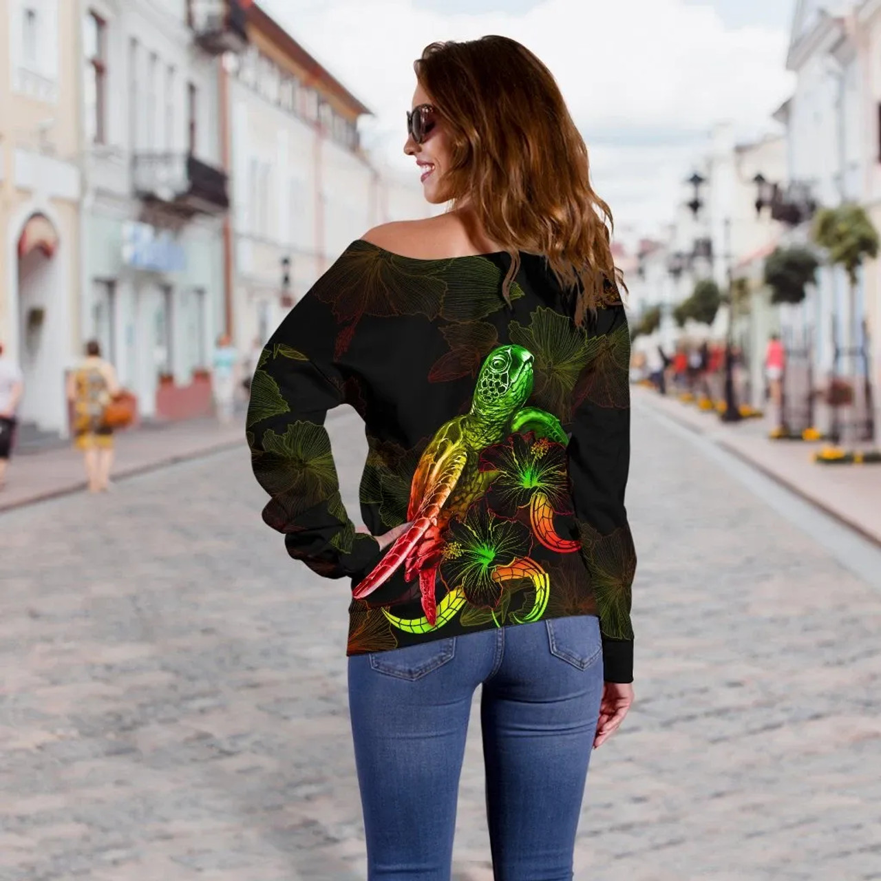 Tuvalu Polynesian Women Off Shoulder Sweater - Turtle With Blooming Hibiscus Reggae 3