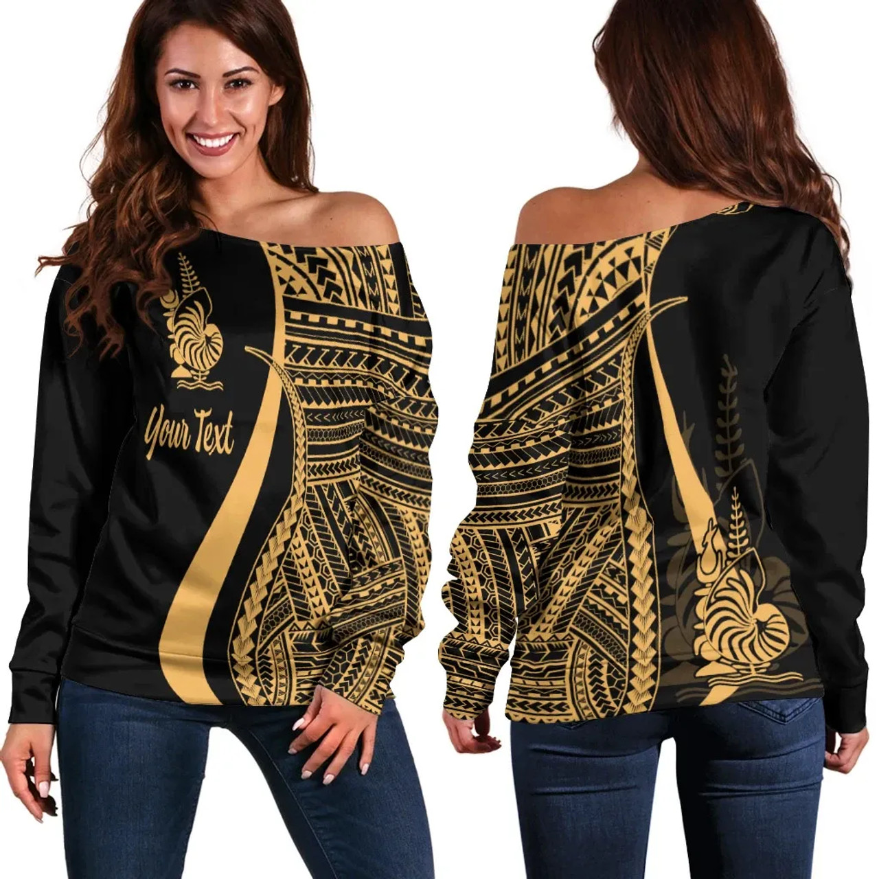 New Caledonia Custom Personalised Women Off Shoulder Sweater - Gold Polynesian Tentacle Tribal Pattern 1
