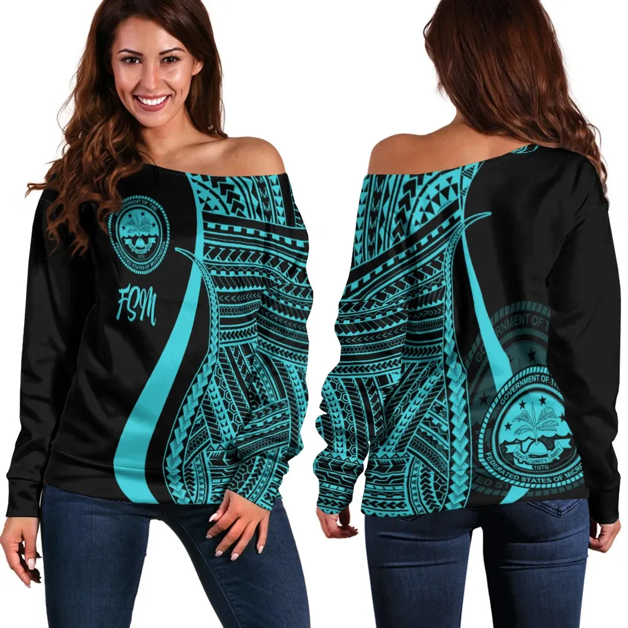 Federated States of Micronesia Women Off Shoulder Sweater - Turquoise Polynesian Tentacle Tribal Pattern 1