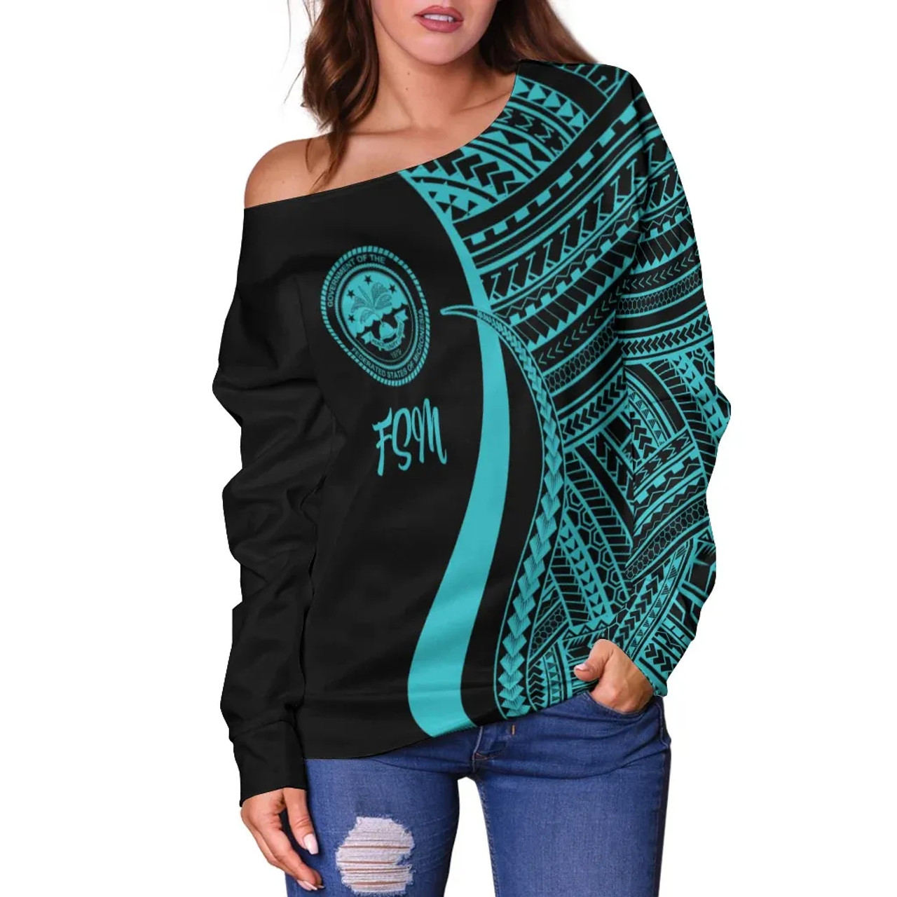 Federated States of Micronesia Women Off Shoulder Sweater - Turquoise Polynesian Tentacle Tribal Pattern 2