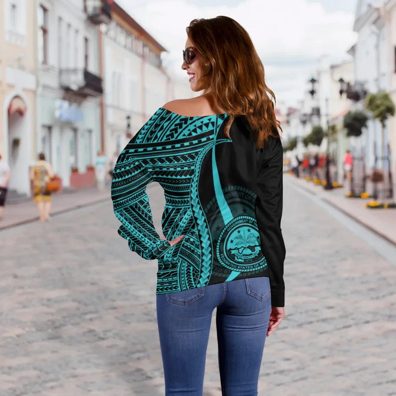 Federated States of Micronesia Women Off Shoulder Sweater - Turquoise Polynesian Tentacle Tribal Pattern 3