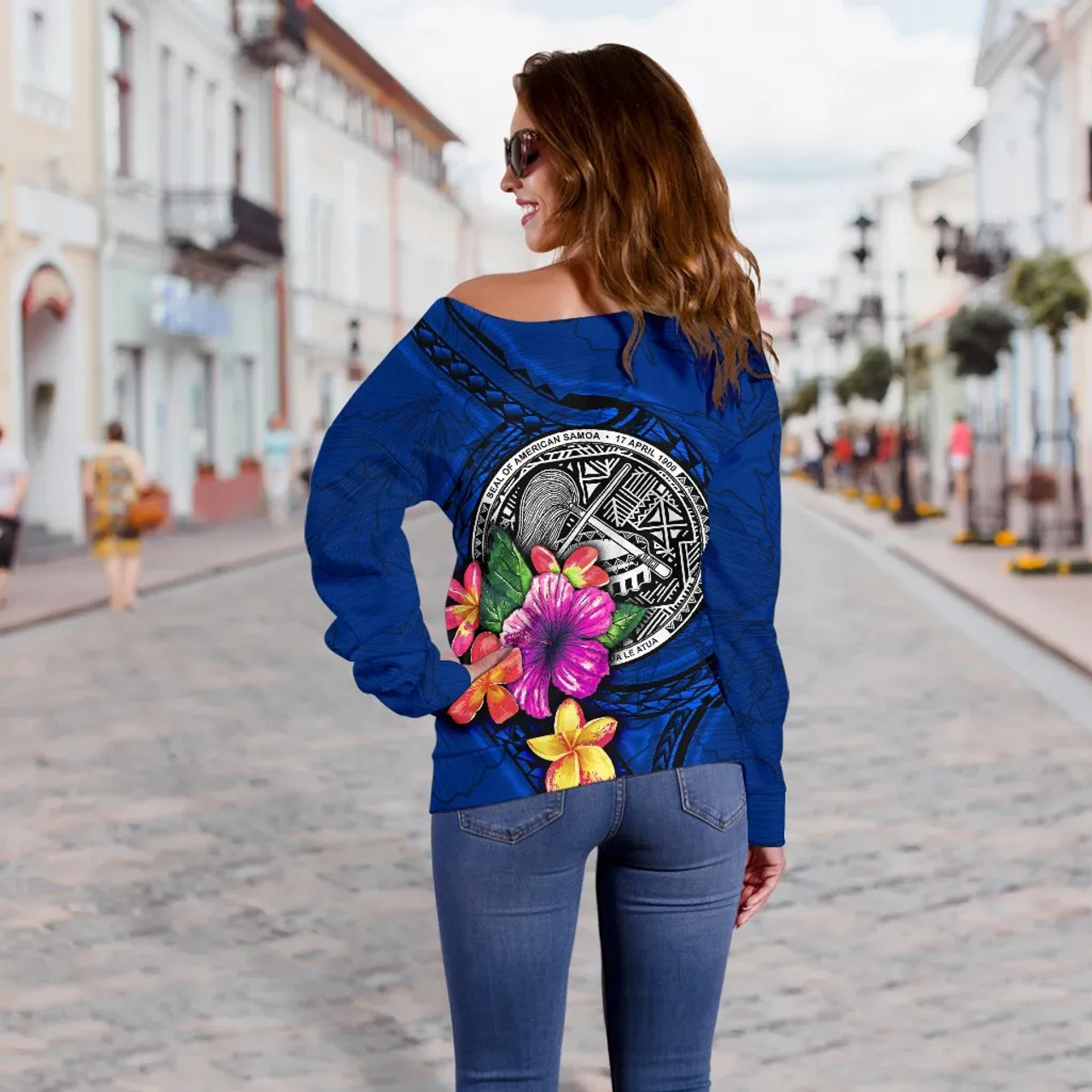 American Samoa Polynesian Custom Personalised Women Off Shoulder Sweater - Floral With Seal Blue 3