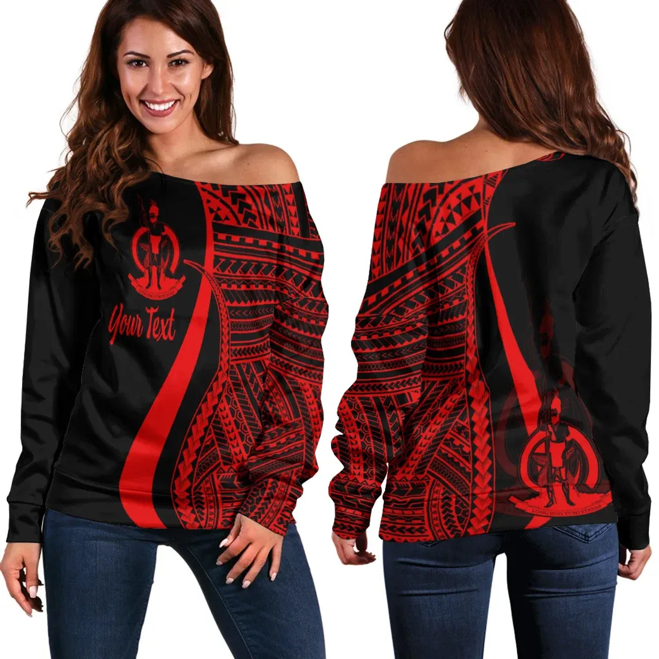 Vanuatu Custom Personalised Women Off Shoulder Sweater - Red Polynesian Tentacle Tribal Pattern 1