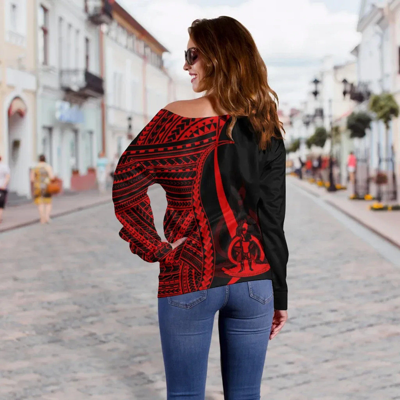 Vanuatu Custom Personalised Women Off Shoulder Sweater - Red Polynesian Tentacle Tribal Pattern 3