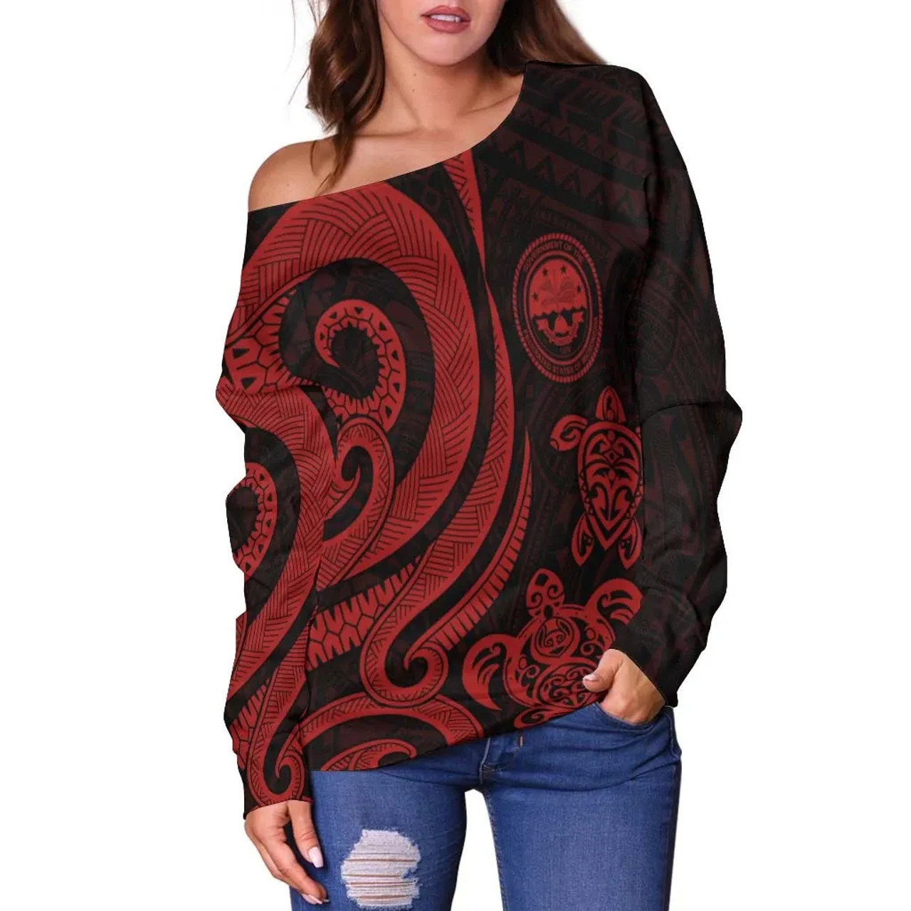 Federated States of Micronesia Women Off Shoulder Sweater - Red Tentacle Turtle 3