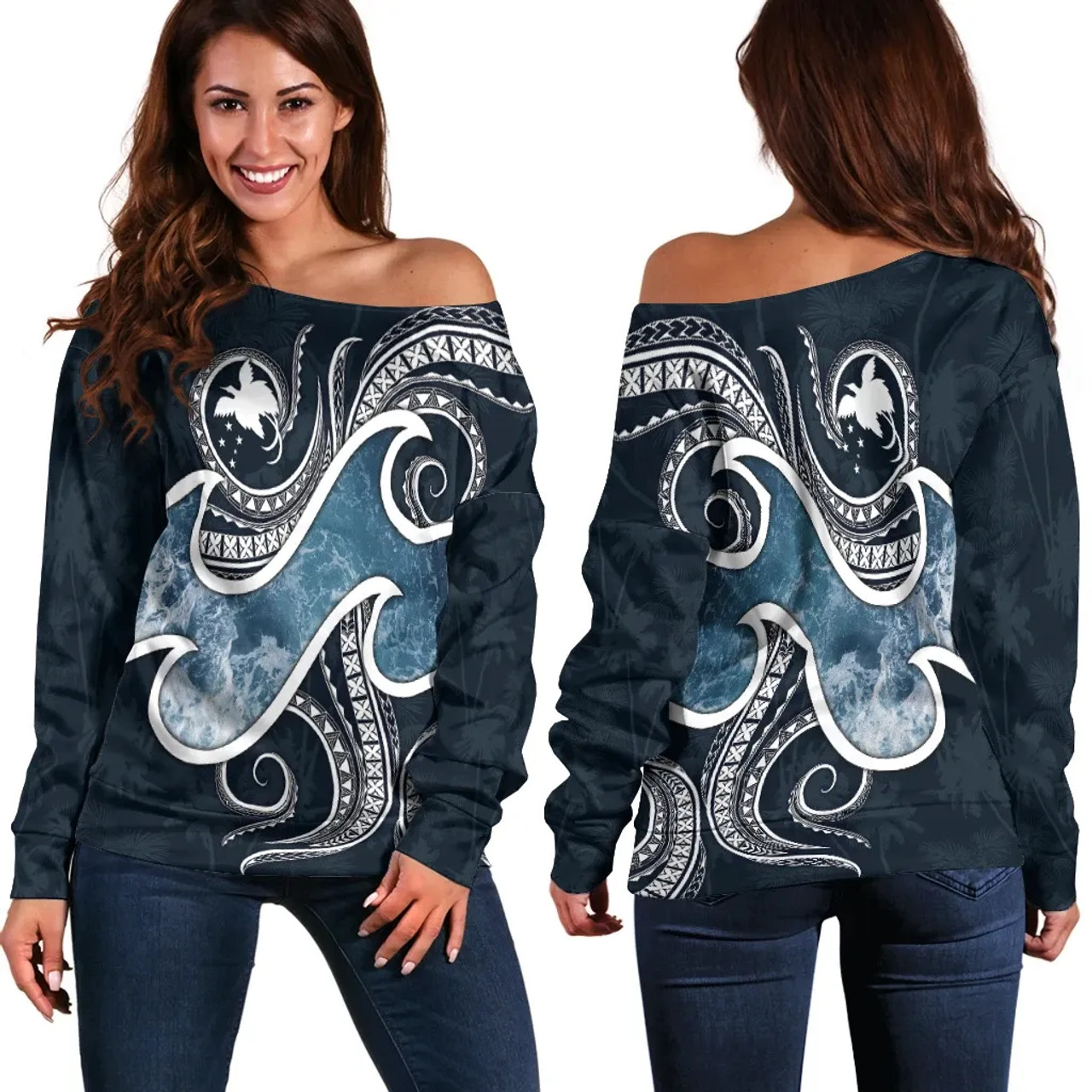 Papua New Guinea Polynesian Women Off Shoulder Sweater - Ocean Style 1