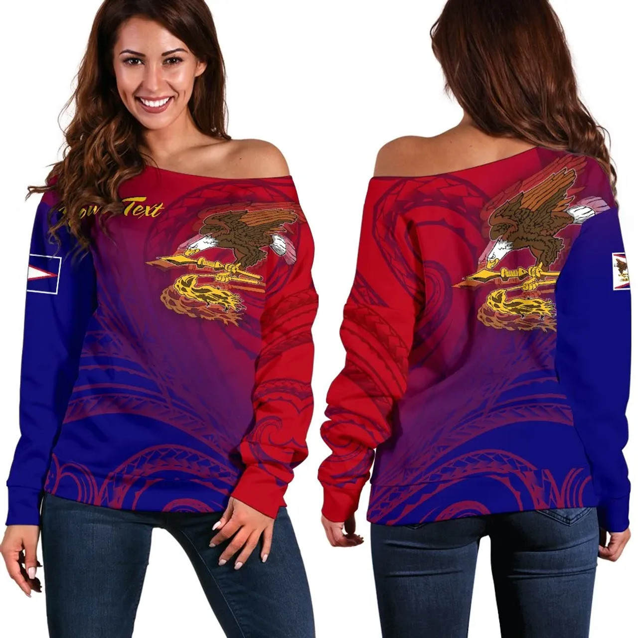 American Samoa Polynesian Custom Personalised Personalized Women Off Shoulder Sweater - Bald Eagle (Blue - Red) 1