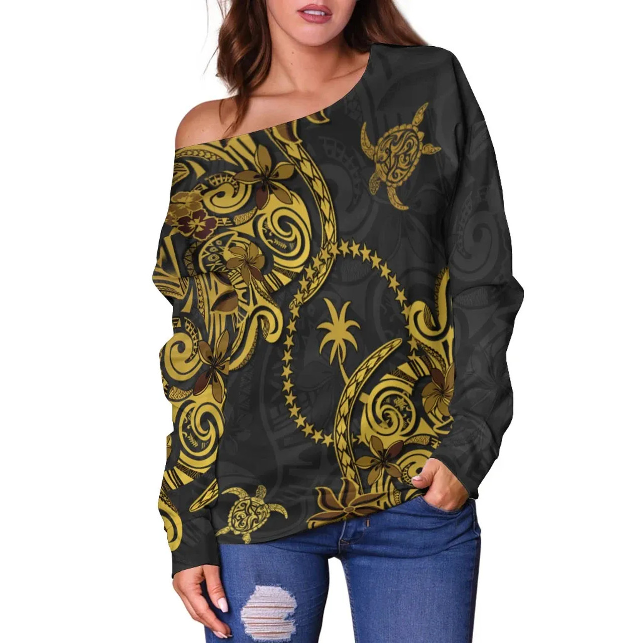Chuuk State Women Off Shoulder Sweaters - Abstract Style 4