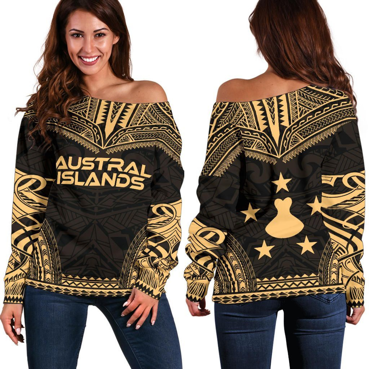 Austral Islands Polynesian Chief Women Off Shoulder Sweater - Gold Version 1