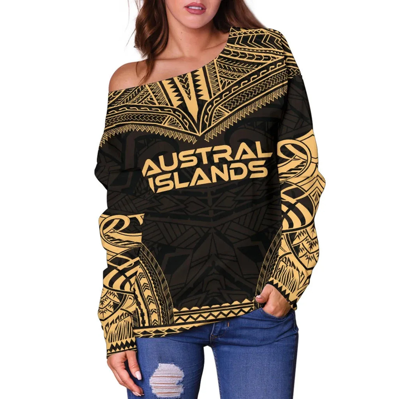 Austral Islands Polynesian Chief Women Off Shoulder Sweater - Gold Version 2