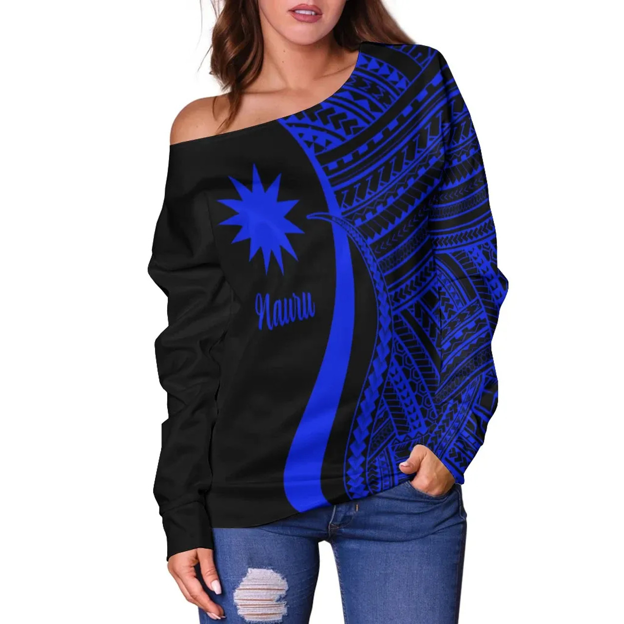 Nauru Women Off Shoulder Sweater - Blue Polynesian Tentacle Tribal Pattern 2