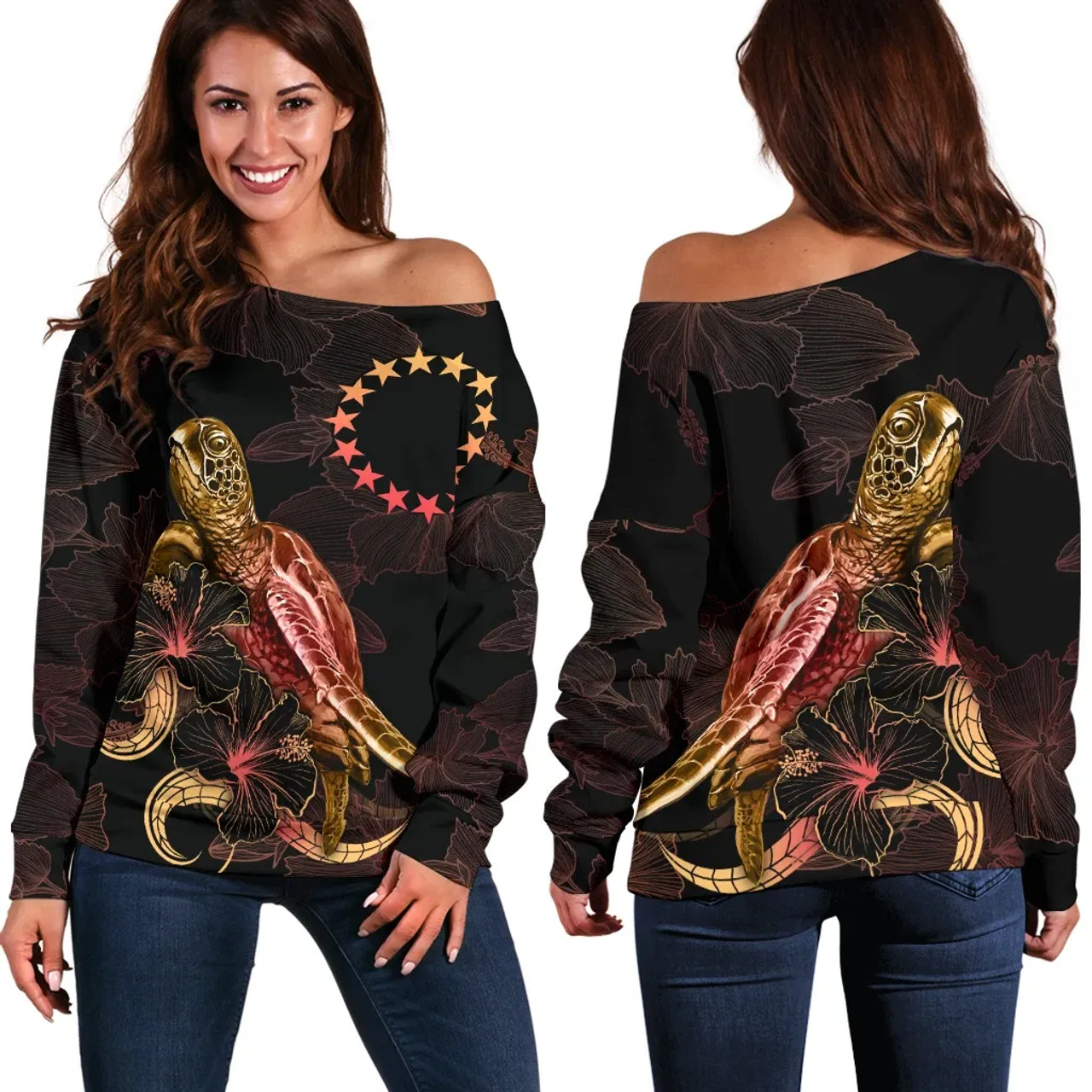 Cook Islands Polynesian Women Off Shoulder Sweater - Turtle With Blooming Hibiscus Gold 1