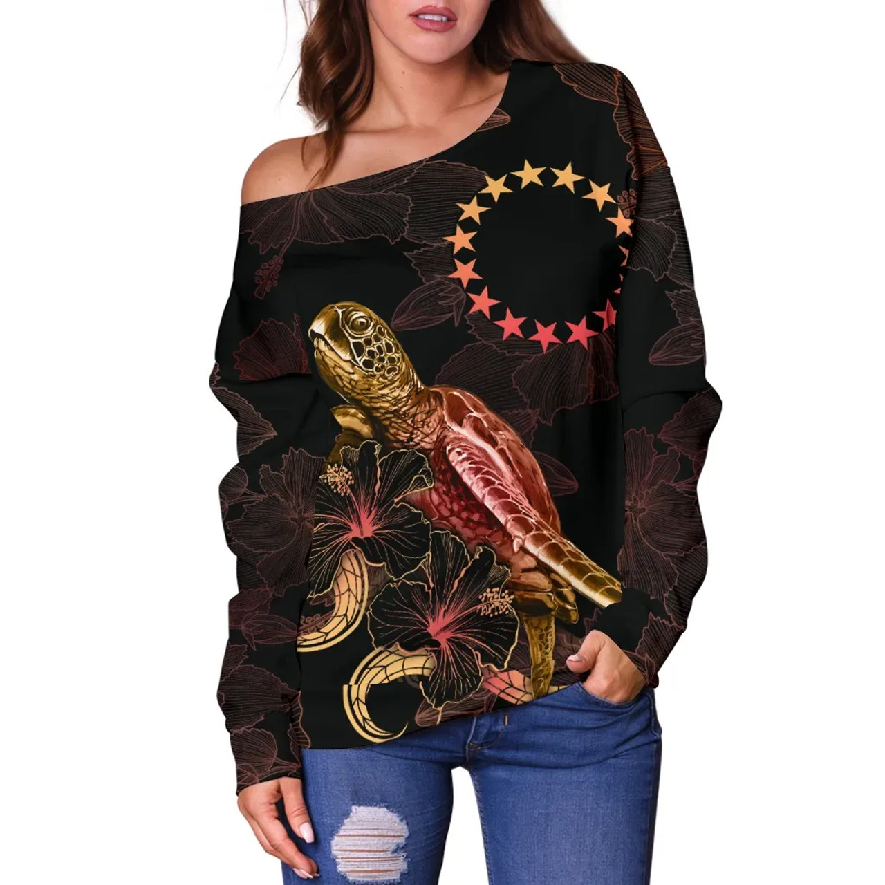 Cook Islands Polynesian Women Off Shoulder Sweater - Turtle With Blooming Hibiscus Gold 2