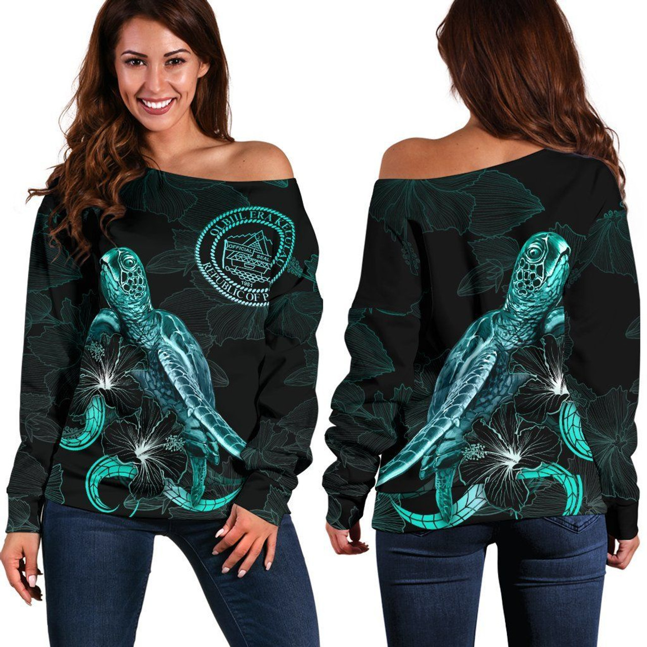 Palau Polynesian Women Off Shoulder Sweater - Turtle With Blooming Hibiscus Turquoise 1