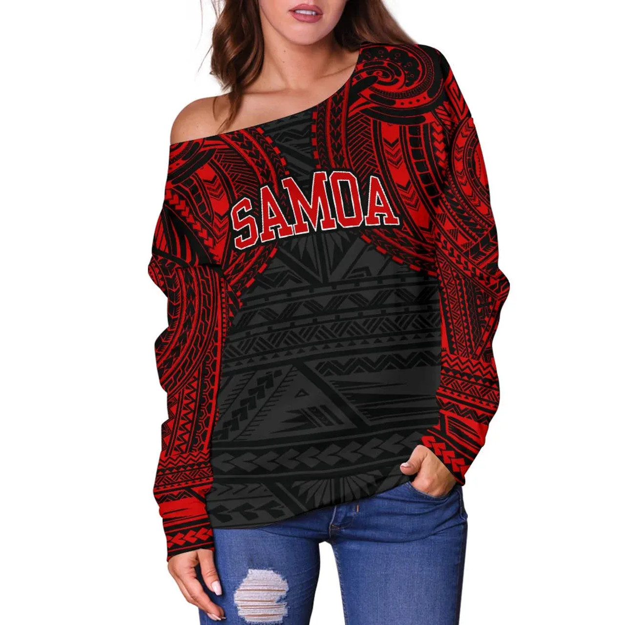 American Samoa Women Off Shoulder Sweater - Red Tattoo Version 2