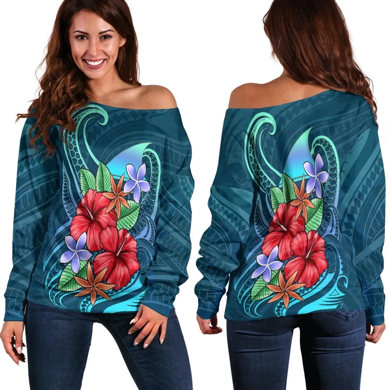 Tokelau Women Off Shoulder Sweater - Blue Pattern With Tropical Flowers 1