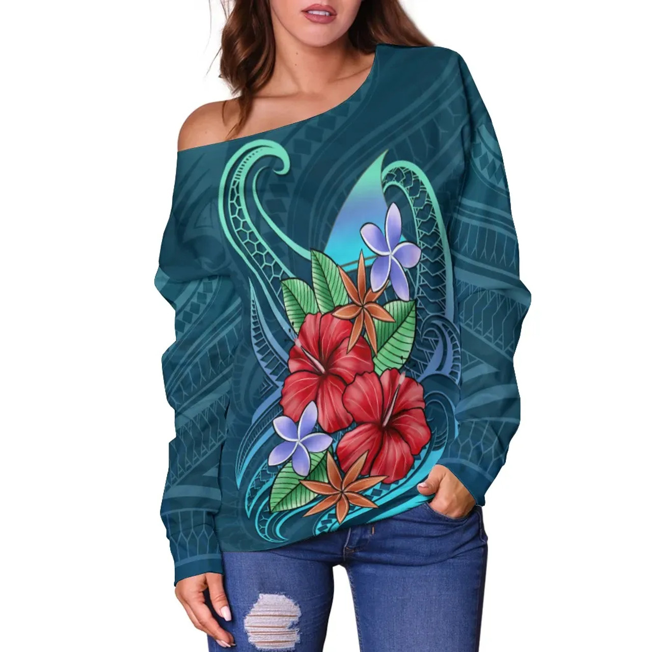 Tokelau Women Off Shoulder Sweater - Blue Pattern With Tropical Flowers 2