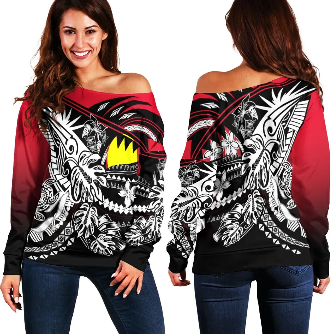 Palau Women Off Shoulder Sweaters - Tribal Jungle Pattern Red Color 1