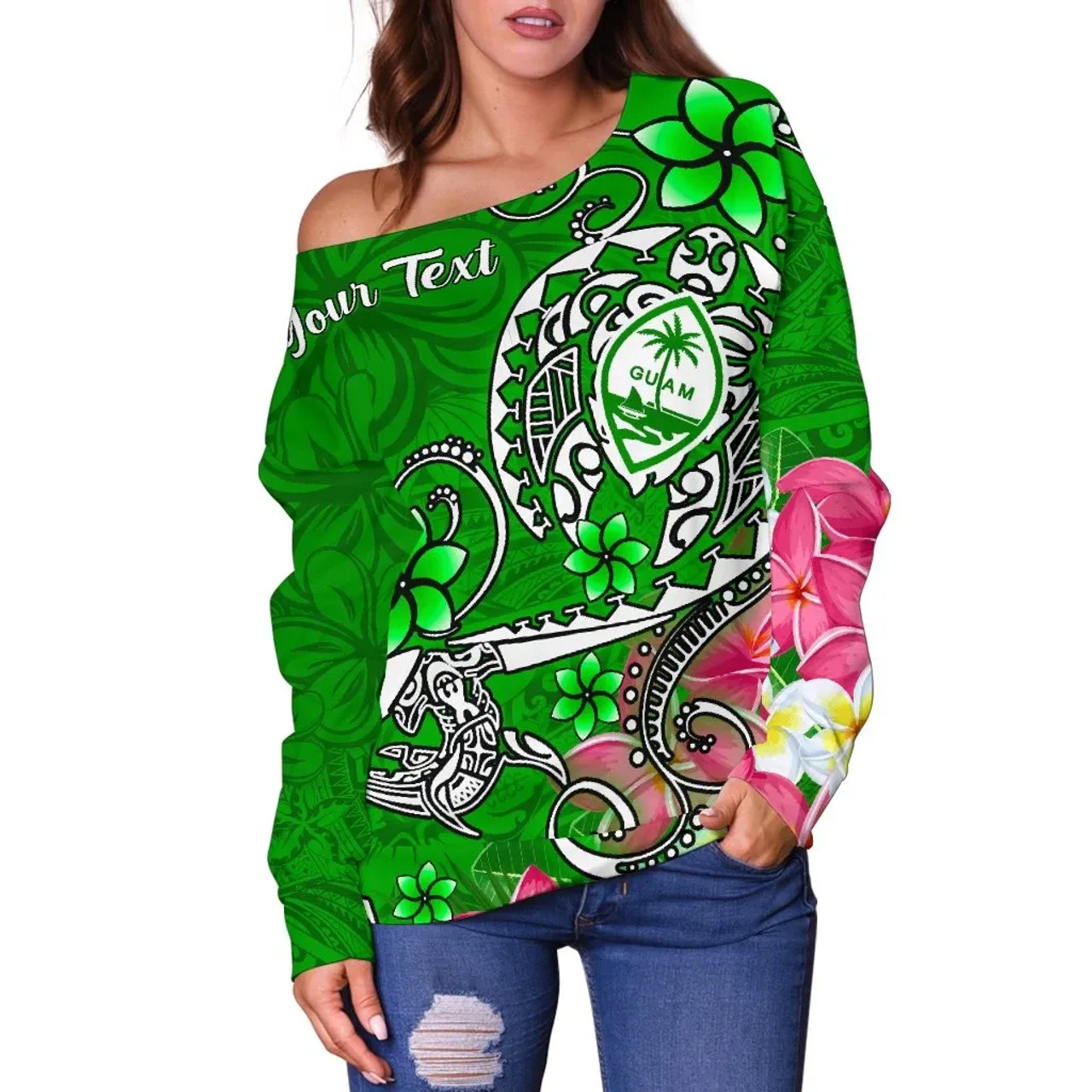 Guam Custom Personalised Women Off Shoulder Sweater - Turtle Plumeria (Green) 2